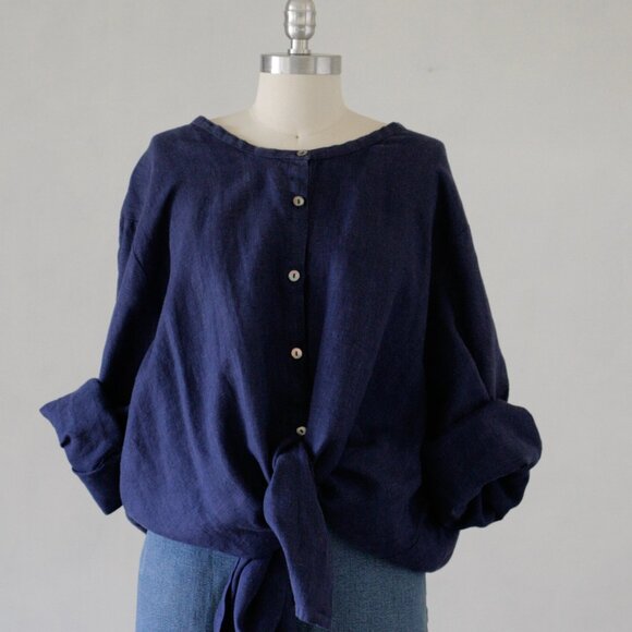 F L A X   Vintage Royal Blue Linen Tunic Button Up Shirt/3X - Picture 3 of 5